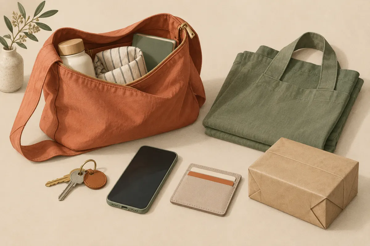 Illustration of an errand bag with everyday essentials, a reusable tote, and a return parcel.