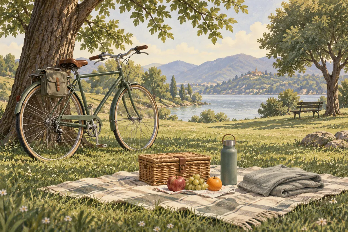 Illustration of a bicycle with a small bike bag and compact picnic supplies in a park.