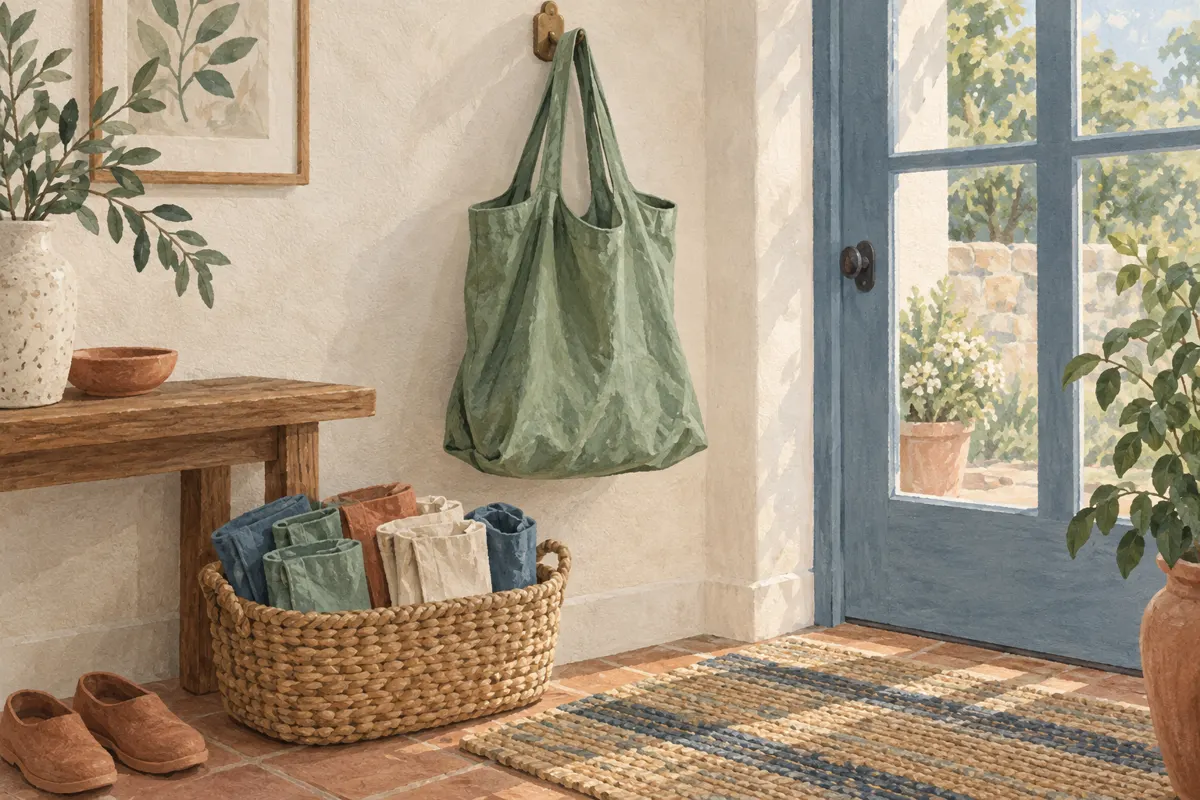 Illustration of an open reusable bag drying beside folded shopping bags in a storage basket.