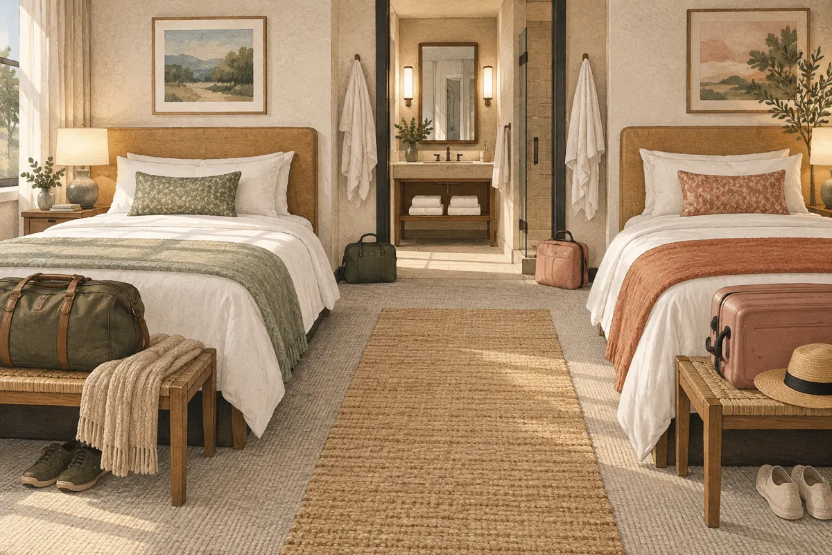 Illustration of a shared hotel room with separate luggage zones and clear shared spaces.