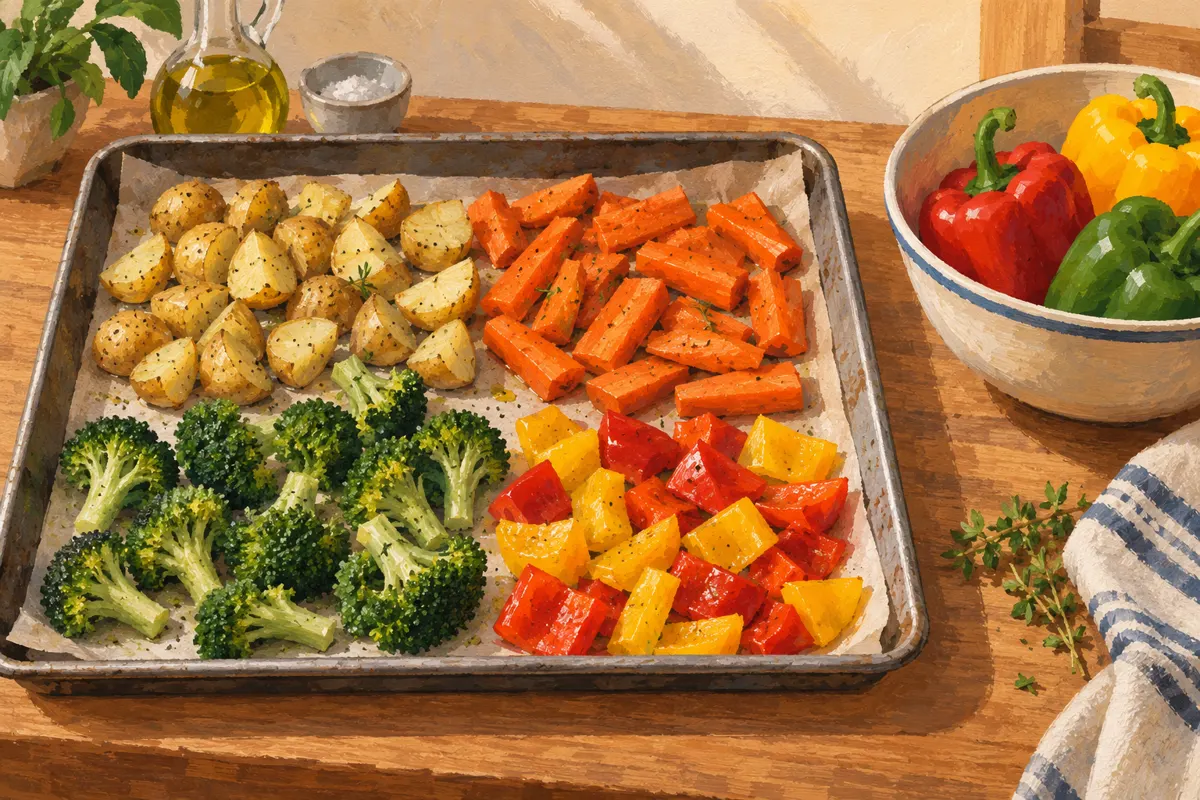 Illustration of mixed vegetables spaced across a roasting tray, with peppers waiting in a bowl.