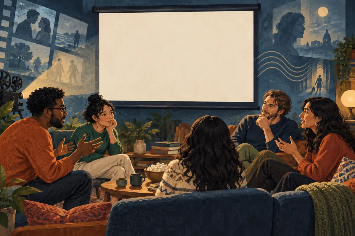 Illustration of friends sharing different reactions during a film discussion.