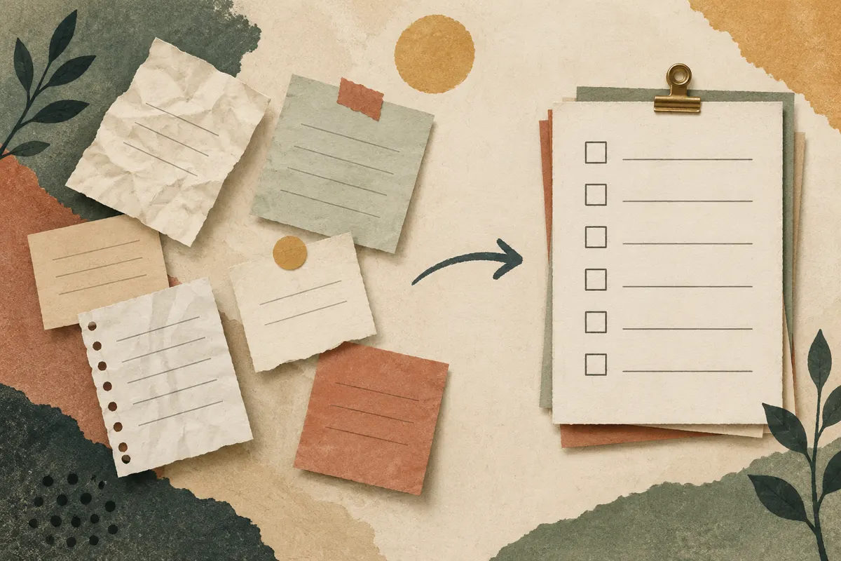 Illustration of scattered meeting notes arranged into an organized task list.